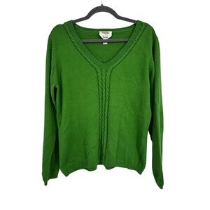 Talbots Size XL Green 100% Pima Cotton V-Neck Cable Knit Sweater